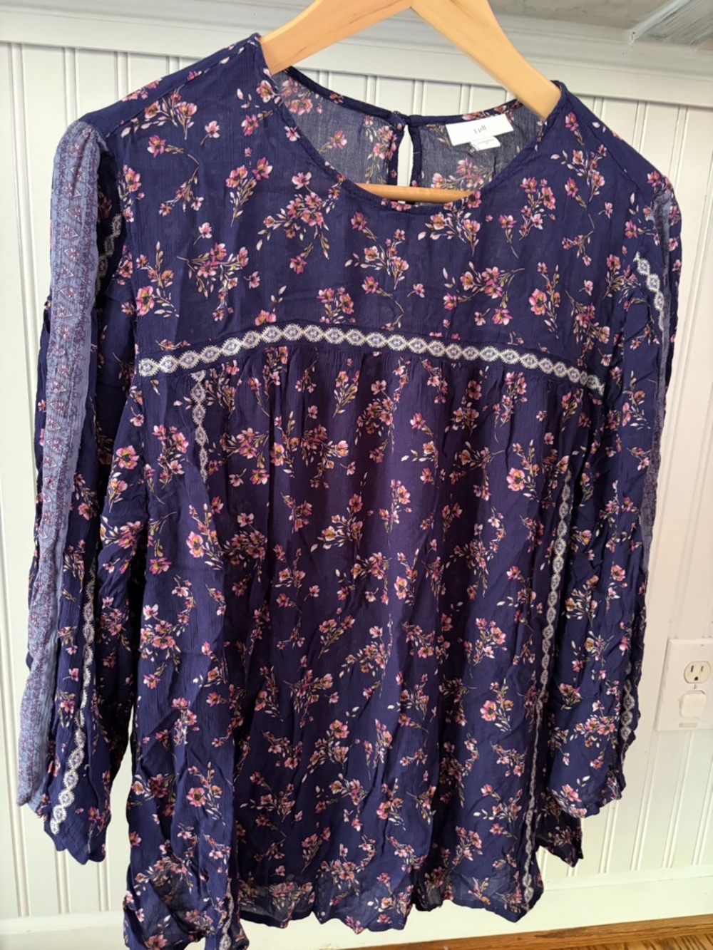 J. Jill Navy Floral Lace-Trim Peasant Blouse